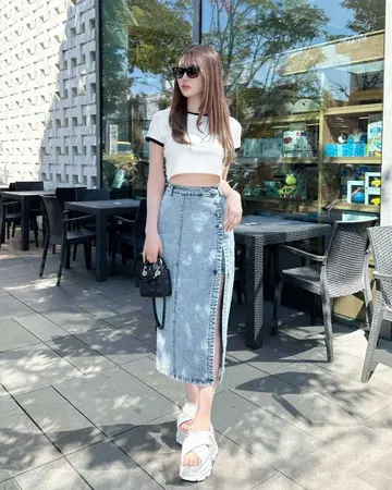 cherimi 슬릿 레이어드 데님 스커트