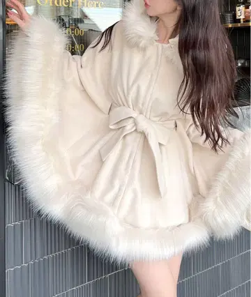 후드 퍼 케이프 코트
