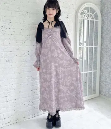 어깨 리본 꽃무늬 롱 원피스