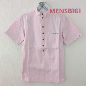 MEN'SBIGI 핑크 스트라이프 옷깃 피케 셔츠 일본제