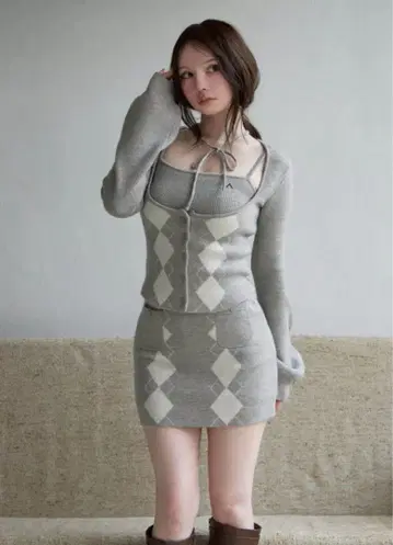 andmary Argyle ribbon knit set up