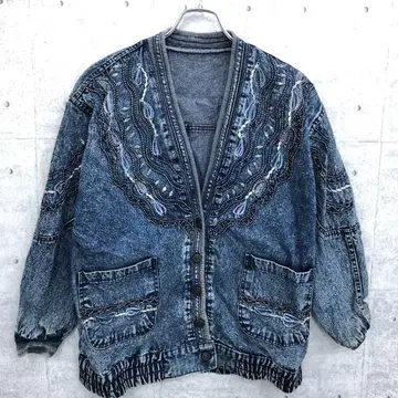 빈티지 스타일 구제 의류 데코라티브 자수입 노카라 데님 자켓