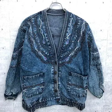 빈티지 스타일 구제 의류 데코라티브 자수입 노카라 데님 자켓