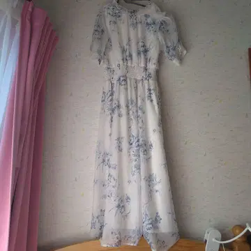 꽃무늬 롱 원피스 반팔 화이트/블루