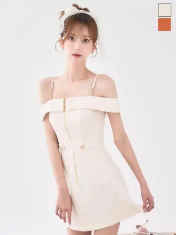 베이지 오프숄더 미니 드레스