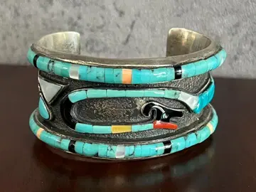 실버 x 터콰이즈 폭넓은 뱅글 925 각인 폭 38mm