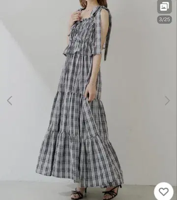 비대칭 끈 디자인 체크 무늬 셔링 롱 원피스
