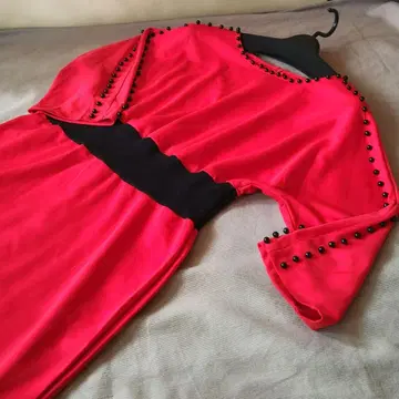 2XL (미사용) 빨간색 반팔 원피스 블랙 비즈볼 허리 넓은 밴딩