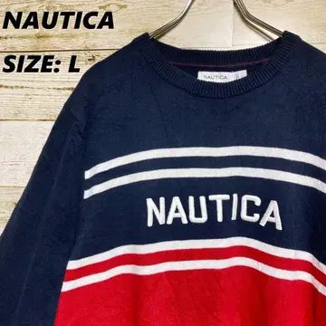 NAUTICA 코튼 니트 빅 로고 네이비 레드 바이컬러