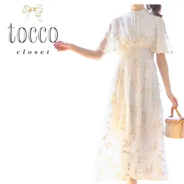 Tocco Closet 플라워 자수 플레어 슬리브 롱 원피스 화이트