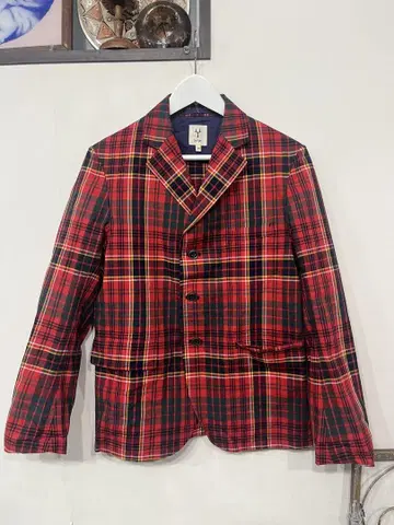 Scye 빨간색 체크 무늬 테일러드 자켓 면 린넨