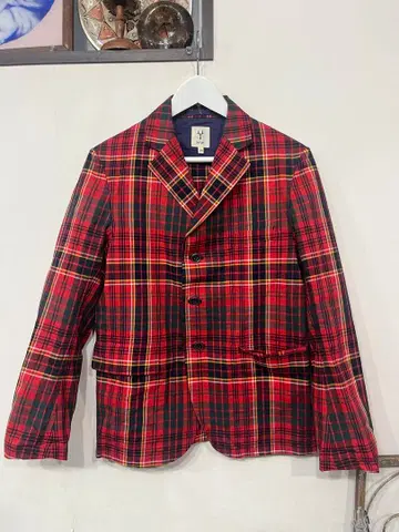 Scye 빨간색 체크 무늬 테일러드 자켓 면 린넨