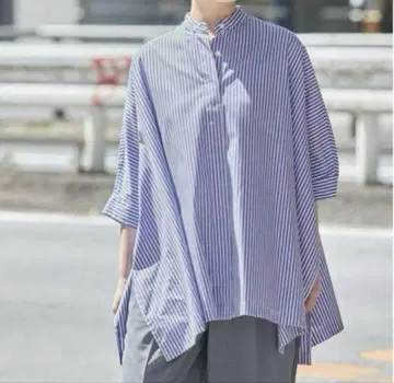 스트라이프 오버 사이즈 칠부 소매 셔츠