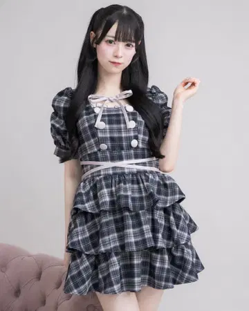 크로스 벨트 반팔 티어드 미니 원피스  pium 네이비 양산형