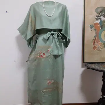 리메이크 기모노 롱 원피스 순수 실크 볼레로 포함 L 자수