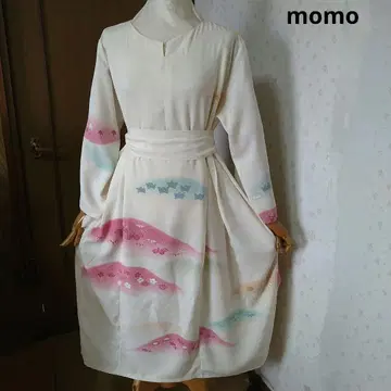 순수 실크 호몬기 허리 리본 포함 턱 들어간 원피스 기모노 리메이크