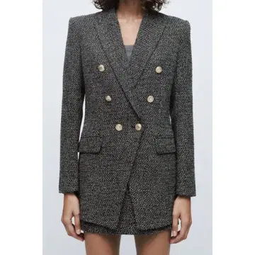 새상품급 ZARA 트위드 더블 테일러드 자켓 골드 버튼 S