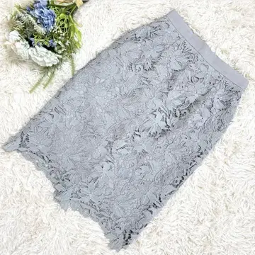 아푸와이저 리셰 블루 꽃무늬 레이스 타이트 스커트 무릎 기장 백 슬릿 S