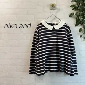 niko and - 보더 긴팔 카라 부착 풀오버 네이비 x 화이트