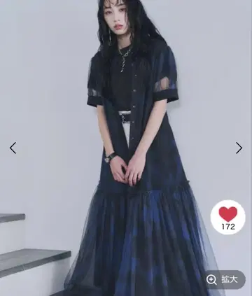 HARE 소매 시어 튤 티어드 원피스 네이비