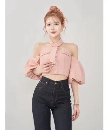 darich 홀터넥 오프숄더 트위드 핑크 상의