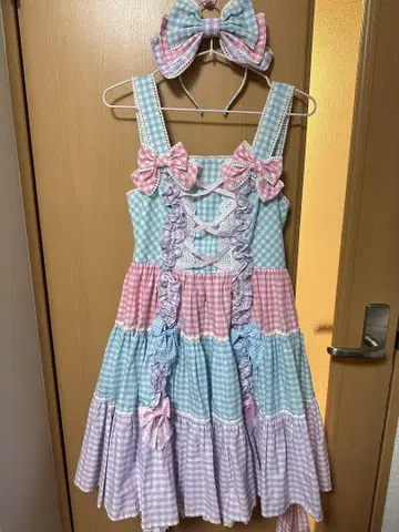 Angelic Pretty 깅엄 개더 오버롤 스커트 세트