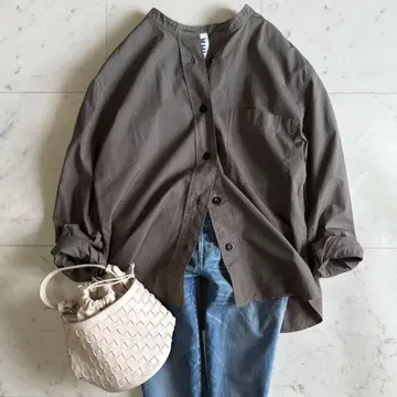 새상품급 MHL. 코튼 밴드 카라 긴팔 셔츠 카키