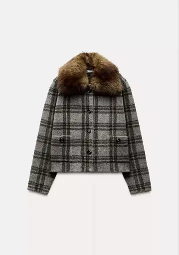 ZARA 인조 모피 자켓 그레이 그린