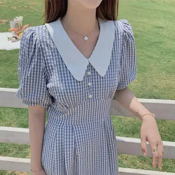 [새상품급] 깅엄 체크 반팔 롱 원피스 퍼프 슬리브 스카이블루
