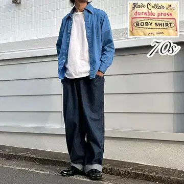 레어 70s VINTAGE 입체 재단 드레스 캐주얼 셔츠 블루