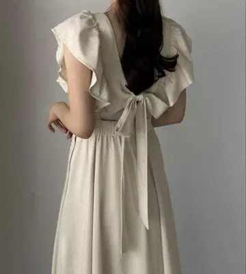 Louere [ 페치스커트 set ] 린넨 혼방 백리본 프릴 원피스