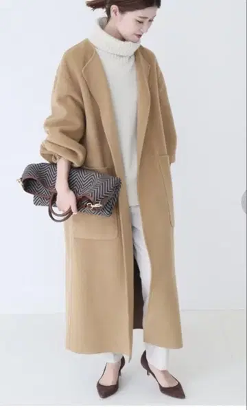 Spick & Span 볼륨 슬리브 노카라 리버 코트 롱 코트