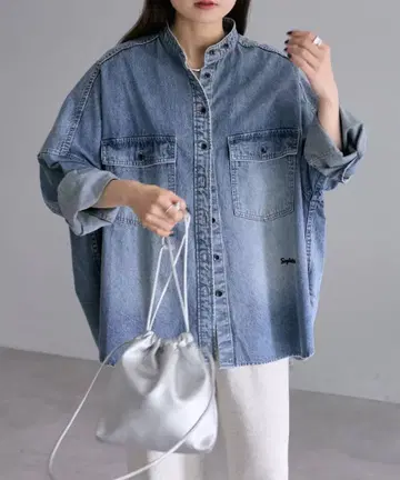 PUAL CE CIN 빈티지 데님 밴드 카라 셔츠