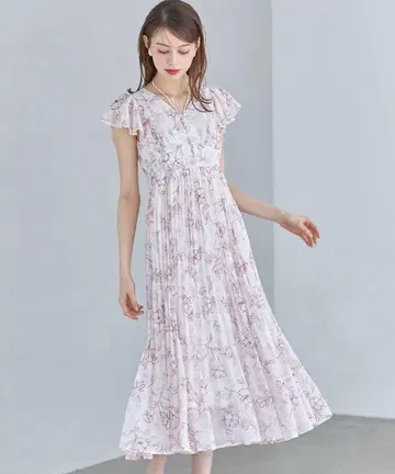 펄 장식 넥 리본 수채화 라인 플라워 플리츠 원피스 핑크