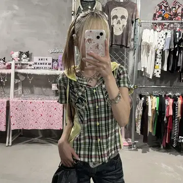 Evisu 에비수 반팔 후드티 레어 체크 디자인 갈매기 Y2K