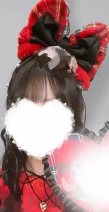 올림머리 세트 빨간색 깅엄 체크 리본 머리띠