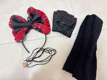 올림머리 세트 빨간색 깅엄 체크 리본 머리띠