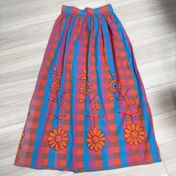 vintage 자수 스커트 체크 플라워 구제 의류 롱 스커트