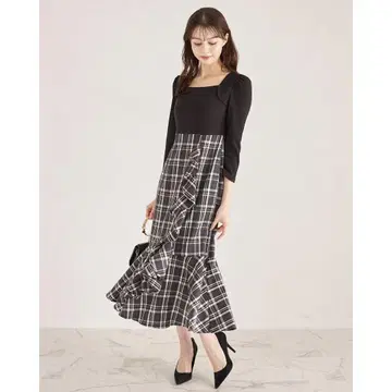 tocco 체크 무늬 아지메 프릴 도킹 원피스