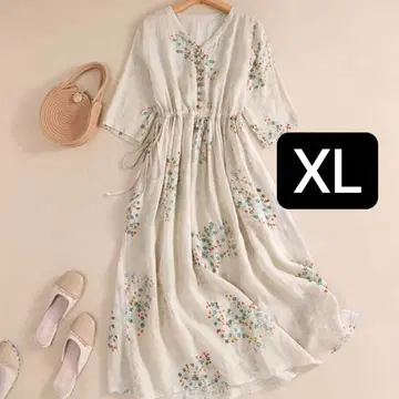XL 롱 원피스 베이지 여름 반팔 오부 소매 꽃무늬 면 루즈핏