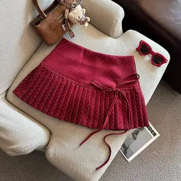 와인 레드 도트 무늬 플리츠 스커트
