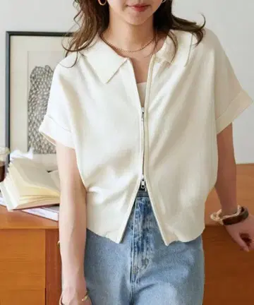 카라가 달린 W 지퍼 반팔 가디건 discoat 디스코트