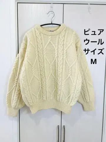 퓨어 울 빈티지 울 니트 스웨터 크림색 긴팔 M 사이즈