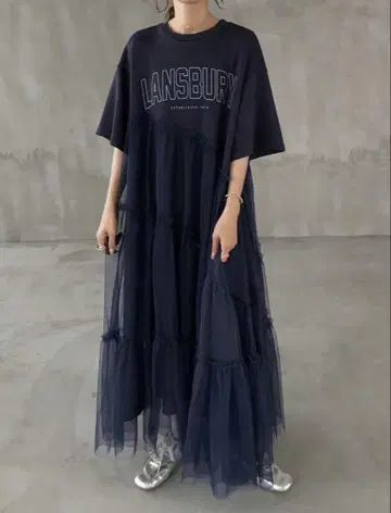 새상품 5부 소매 레이스 롱 원피스 L 네이비 컬러 블록