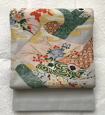 순수 실크 후쿠로 오비 수직 직조 왕조 그림 두루마리풍 그레이 계열