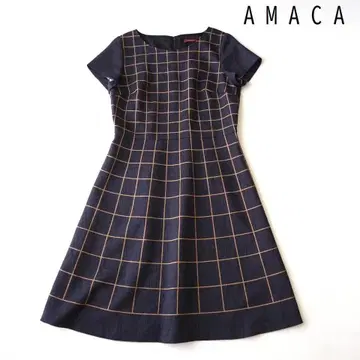 AMACA 아마카 워셔블 체크 무늬 반팔 플레어 원피스 38 네이비