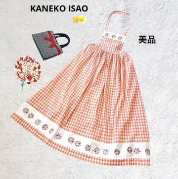 카네이션 자수 카네코 이사오 원피스 에이프런 깅엄 체크 핑크