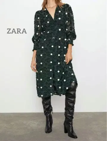 ZARA 자카드 플라워 도트 원피스 시어 모스그린 S