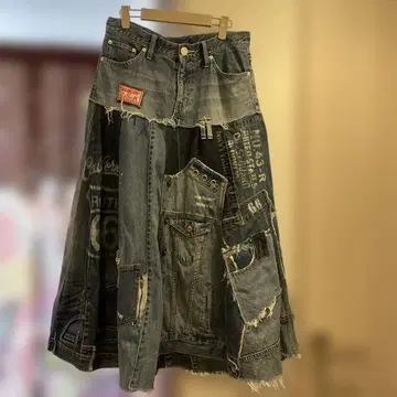 데미지 패치워크 데님 리메이크 롱 스커트 엑스걸