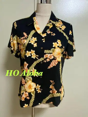 HO ALOHA 플루메리아와 하이비스커스 반팔 아로하 셔츠 블랙